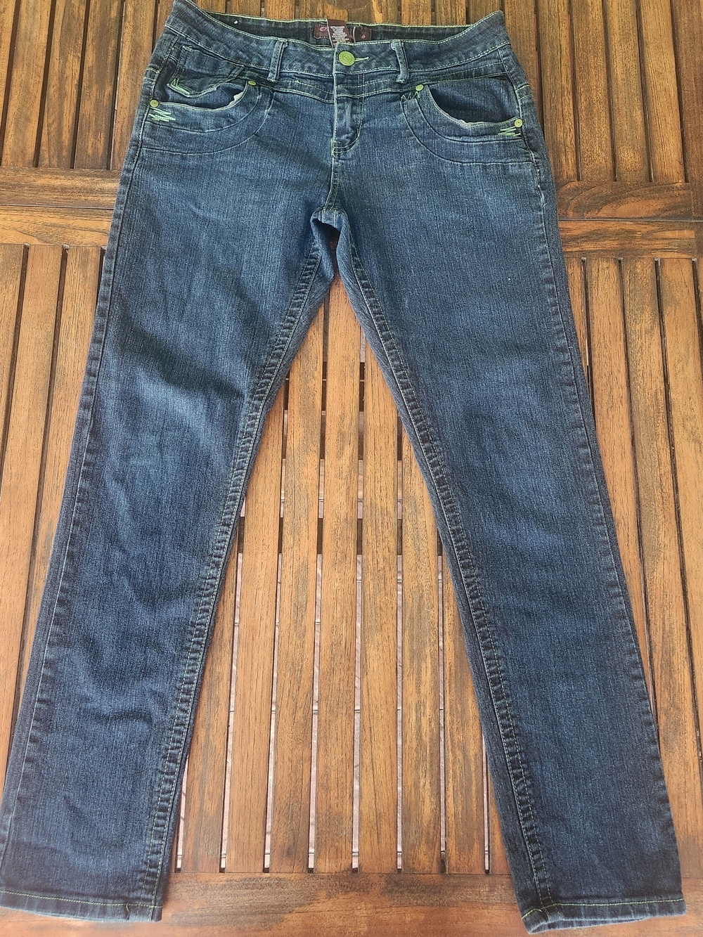 Y2K Women's Out Jeans Skinny Stretch Dark Blue Size 12 Lime Green Stitching